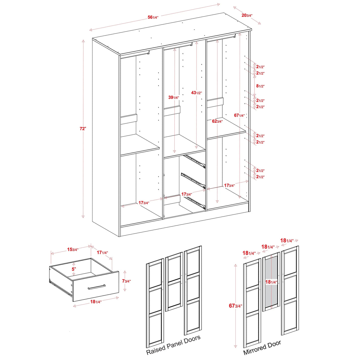 100% Solid Wood 3-Door Wardrobe Armoire K905084