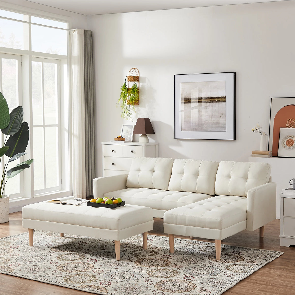 Beige Fabric Reversible Sleeper Sectional Sofa Bed J1649