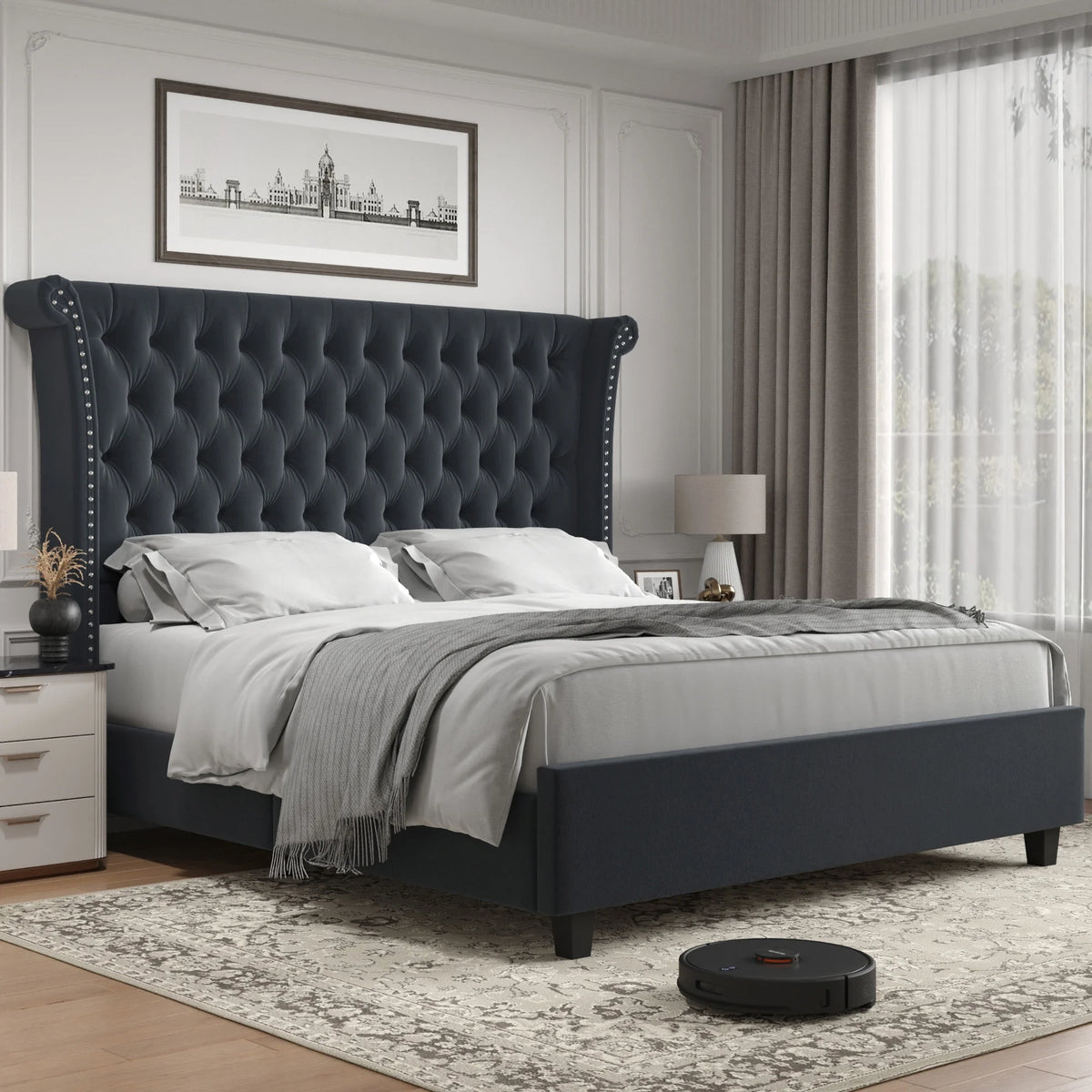 King Size White Velvet Tufted Upholstered Platform Bed W874