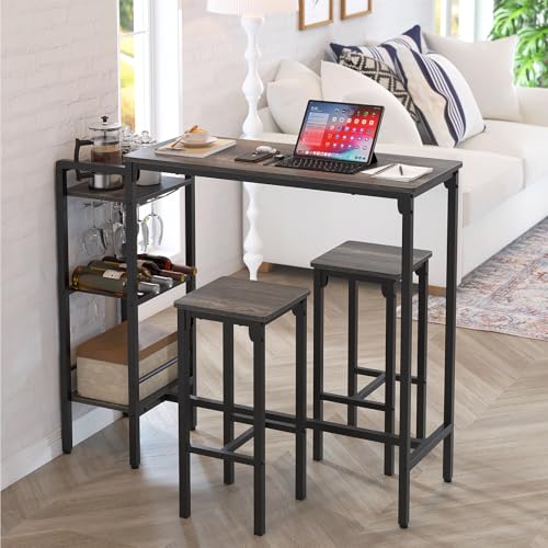 Bar Table and Chairs Set for 2 with 3 Storage Shelves and Wine Rack, Gray R594
