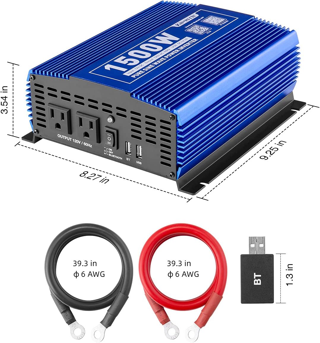 1500W Pure Sine Wave Power Inverter 12V DC to 110V AC with Bluetooth Q618566