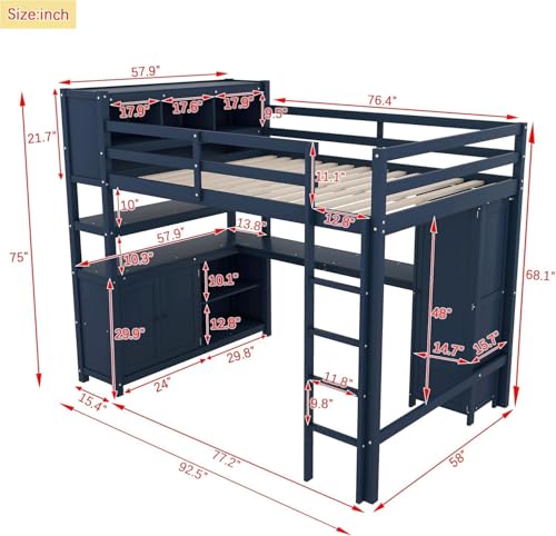 Full Loft Bed with Desk, Wardrobe, Bookshelf & Storage, Dark Blue, Wood Q999913
