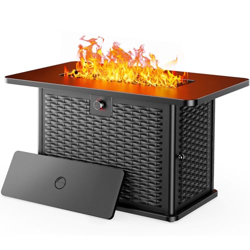43-Inch Rectangular Propane Fire Pit Table with 60,000 BTU, Glass Stones, and Wind Guard, Black I9748