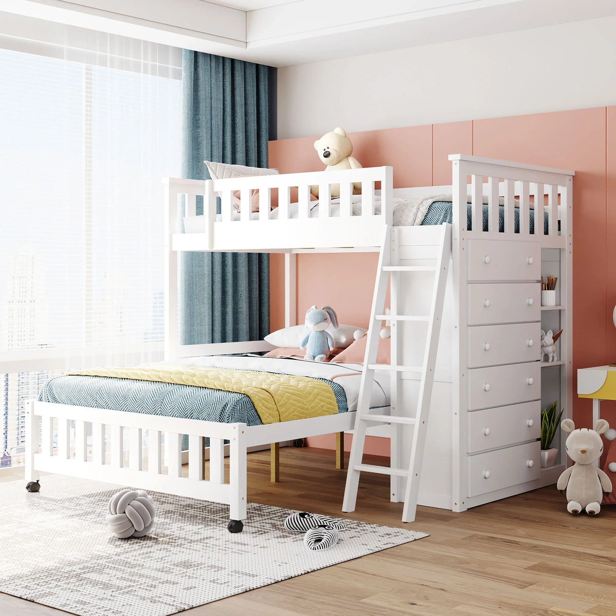 Twin Over Full Wooden Bunk Bed with 6 Storage Drawers and 3 Shelves, Gray I2341