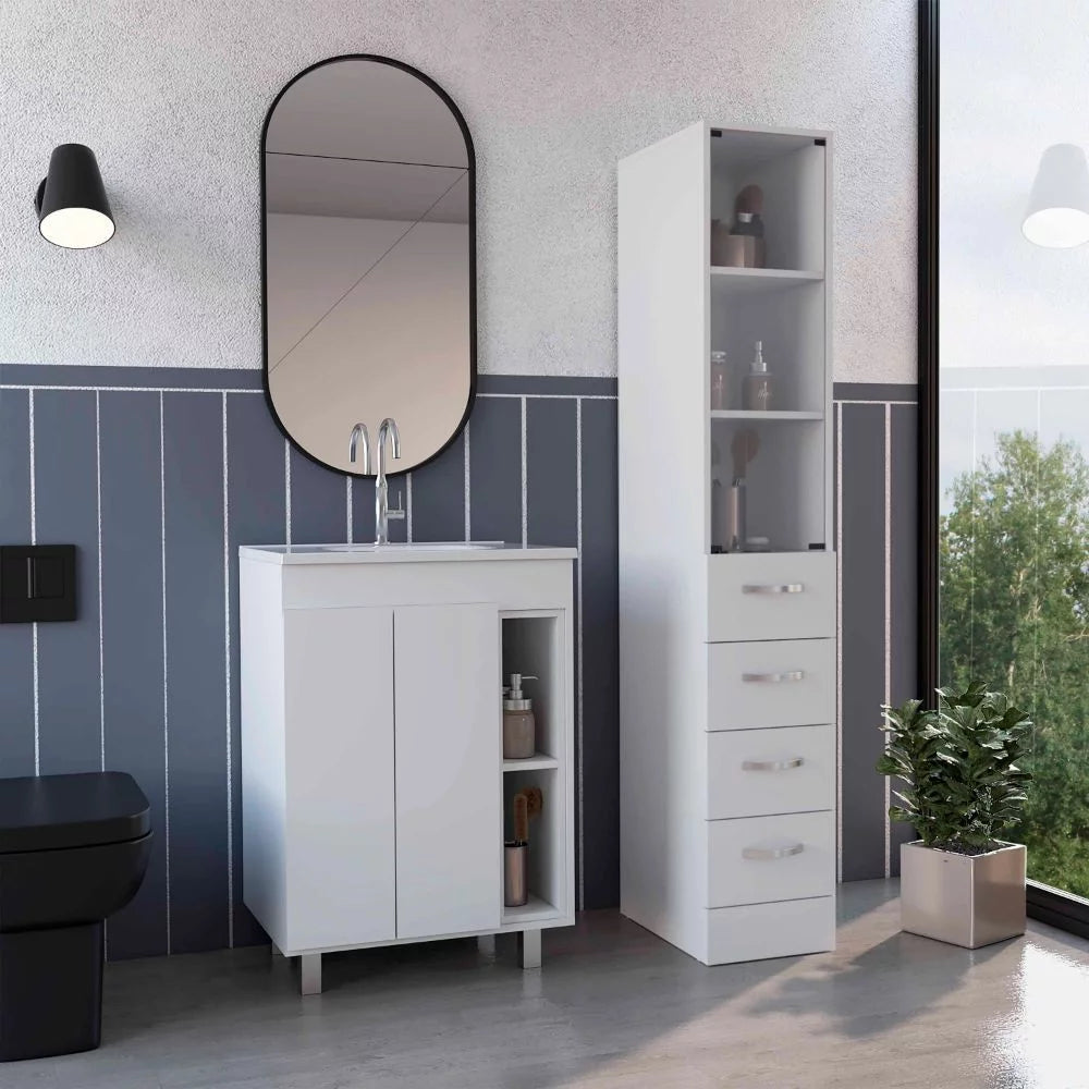 White 2 Piece Bathroom Vanity and Linen Cabinet D653
