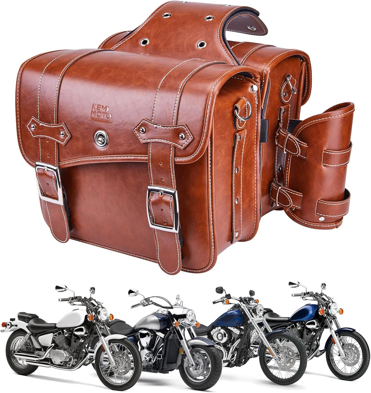 Brown Leather Motorcycle Saddle Bag with Cup Pocket C791