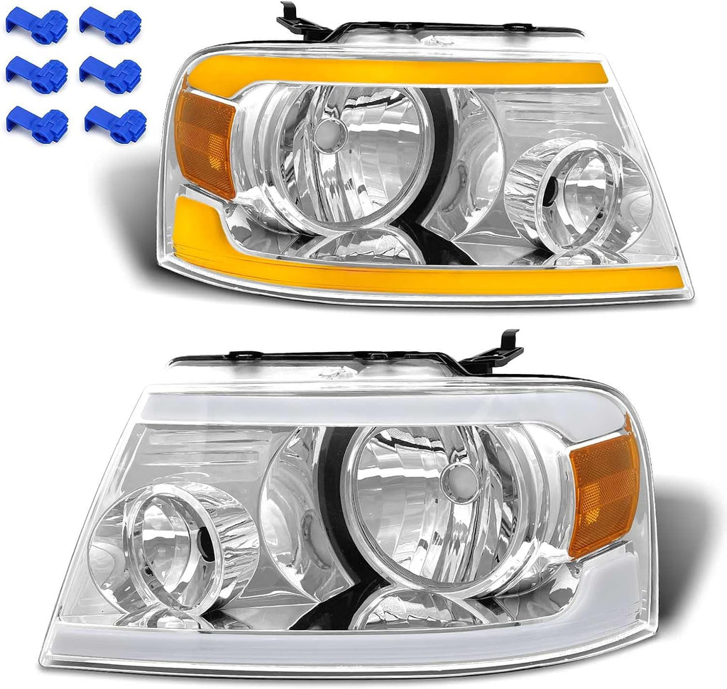 2004-2008 F150 Headlight Assembly with LED Bar Left and Right Chrome Housing X7412