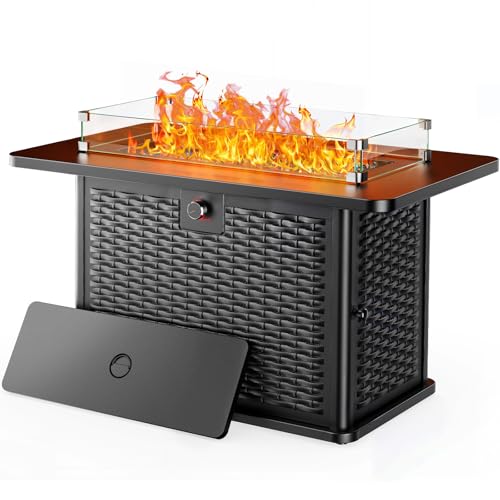 43-Inch Rectangular Propane Fire Pit Table with 60,000 BTU, Glass Stones, and Wind Guard, Black I9748