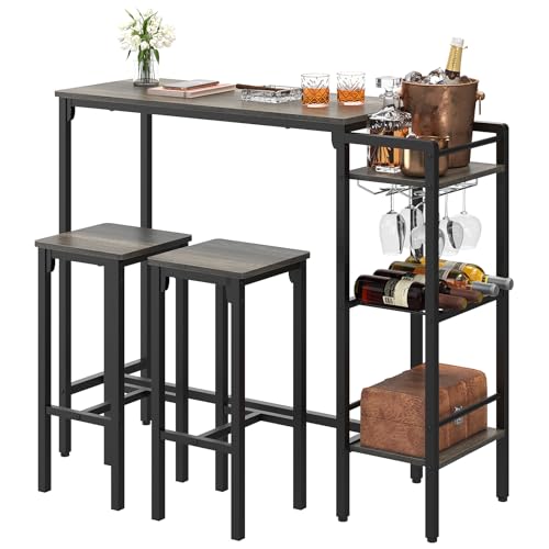 Bar Table and Chairs Set for 2 with 3 Storage Shelves and Wine Rack, Gray R594
