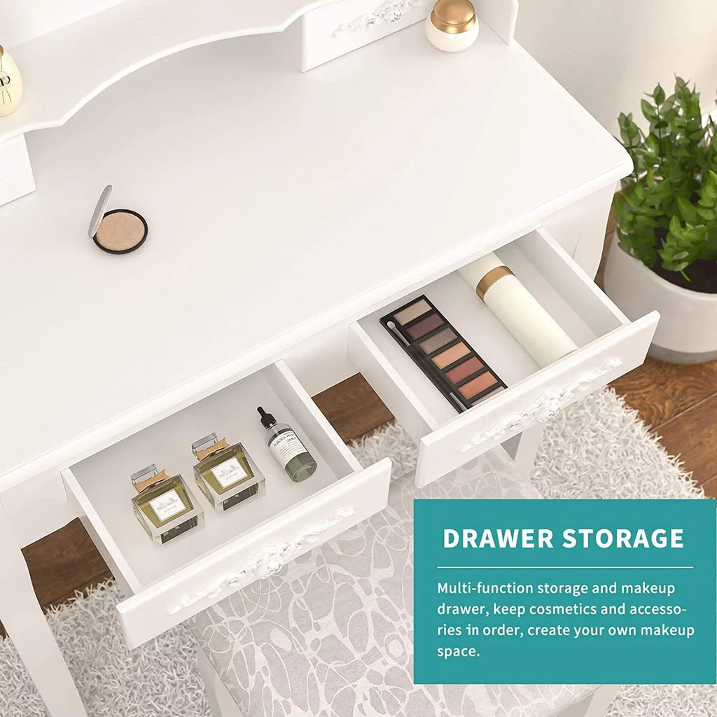 White Vanity Table and Stool Set with 4 Drawers & Mirror O759582