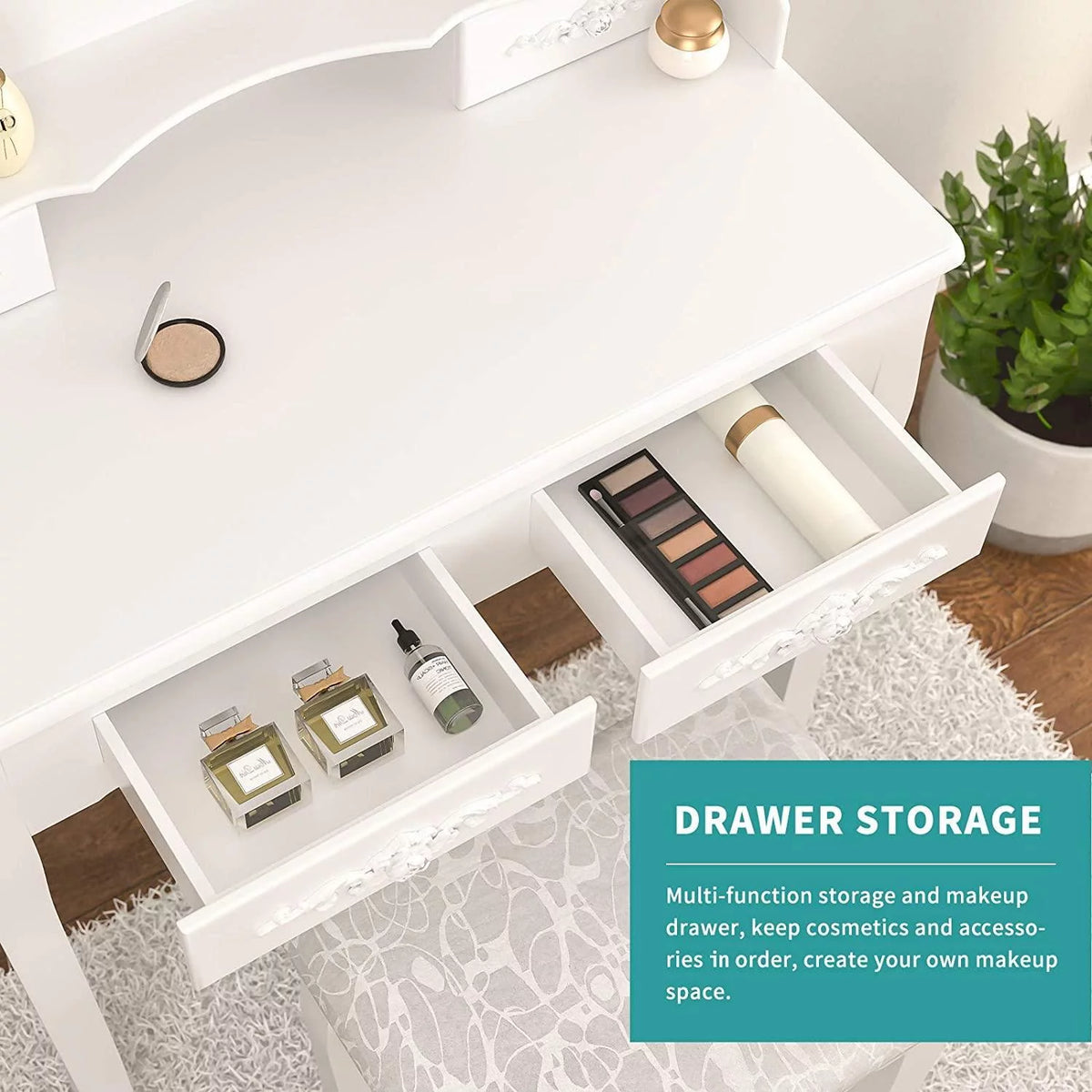 White Vanity Table and Stool Set with 4 Drawers & Mirror O759582