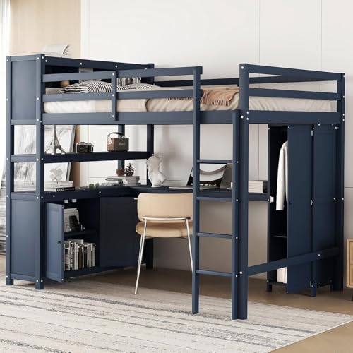 Full Loft Bed with Desk, Wardrobe, Bookshelf & Storage, Dark Blue, Wood Q999913