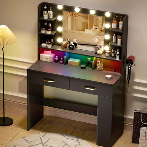 White Vanity Desk with Lighted Mirror and Power Outlet D878749