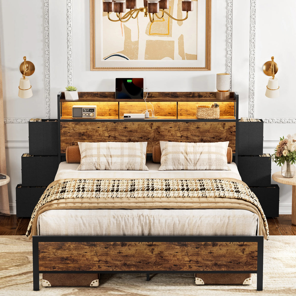 Queen Bed Frame with 6 Drawers Storage Headboard LED USB Ports & Outlets L576