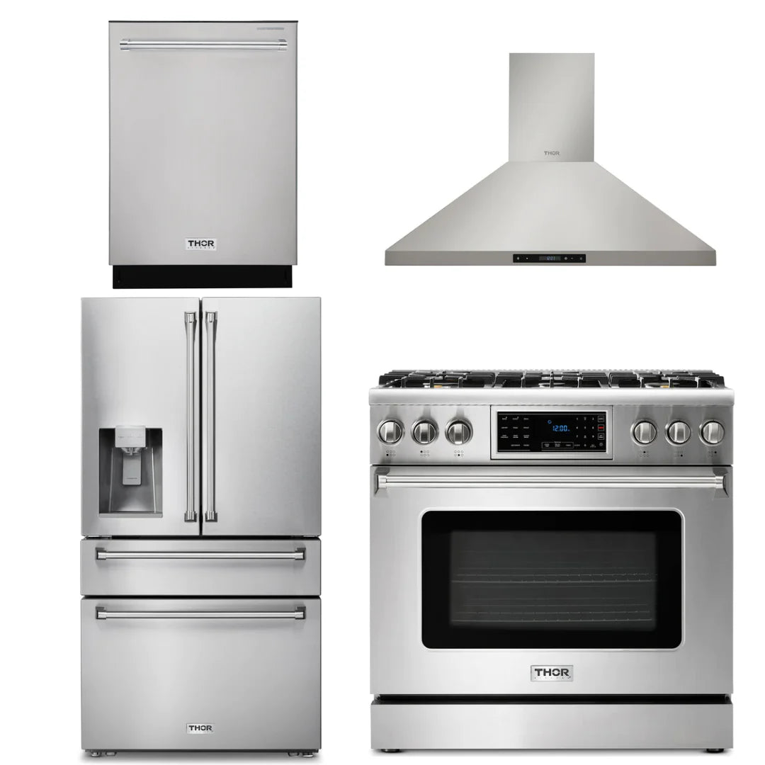 36 Gas Range, Range Hood, Refrigerator with Water and Ice Dispenser, Dishwasher E1954