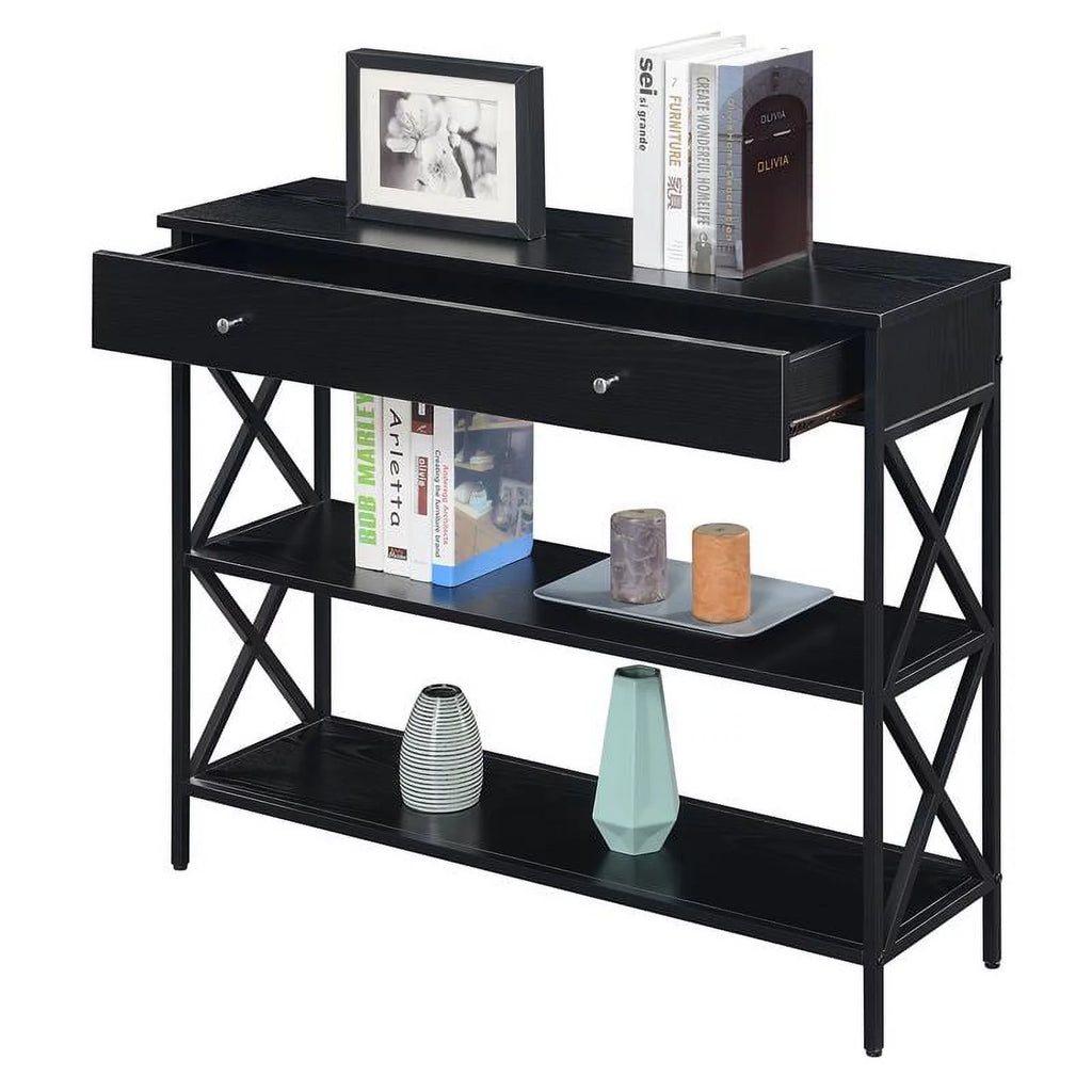 Black Wood and Metal One-Drawer Console Table V3258