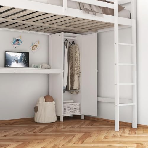 Full Loft Bed with Desk, Wardrobe, Bookshelf & Storage, Dark Blue, Wood Q999913