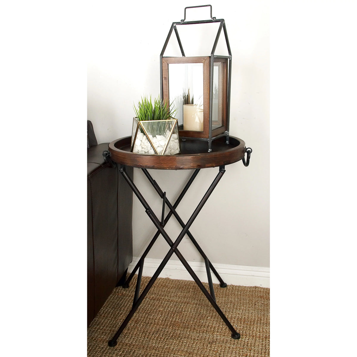 20" x 28" Black Metal Accent Table with Brown Wood Top U977
