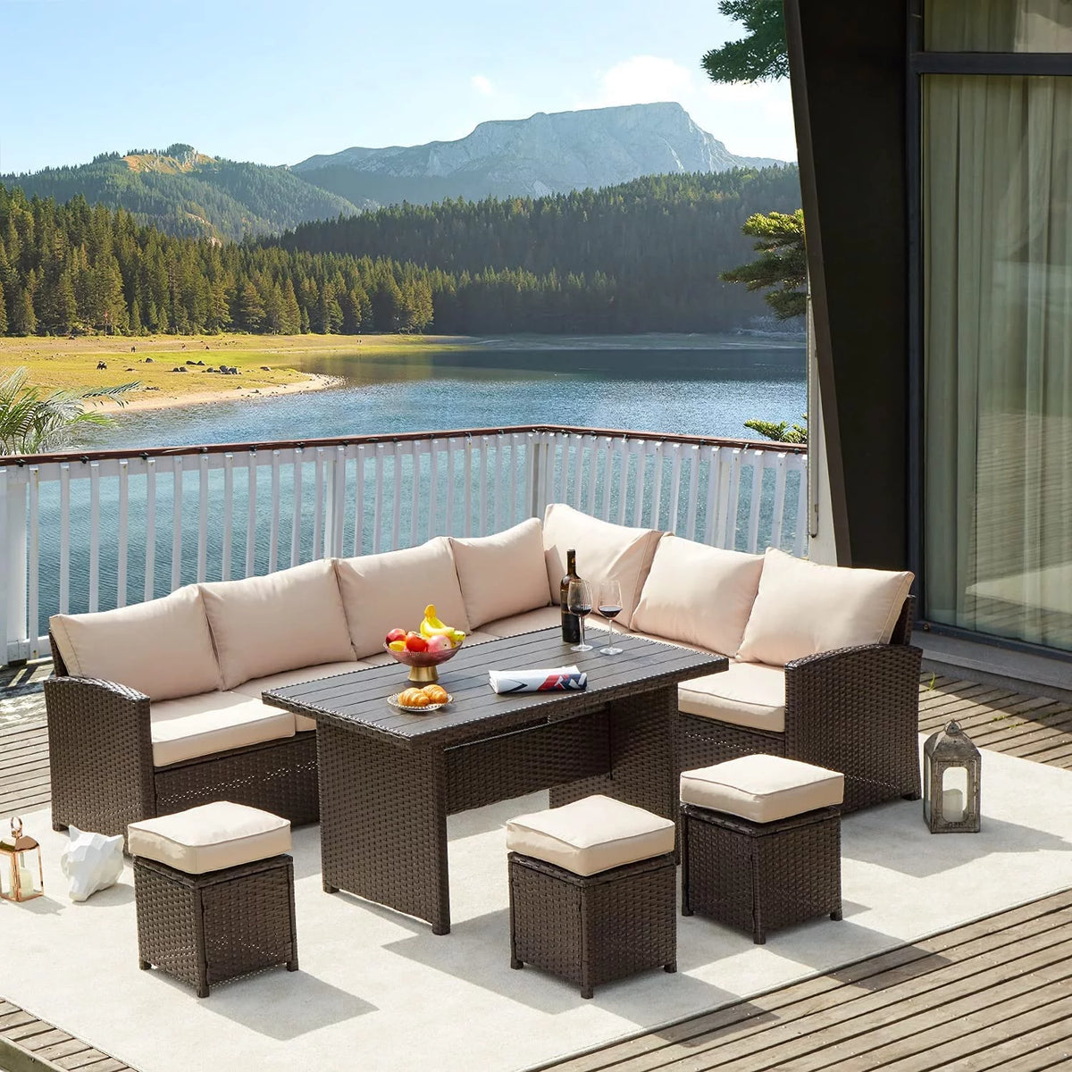7-Piece Beige Rattan Wicker Sectional Sofa Set K35636