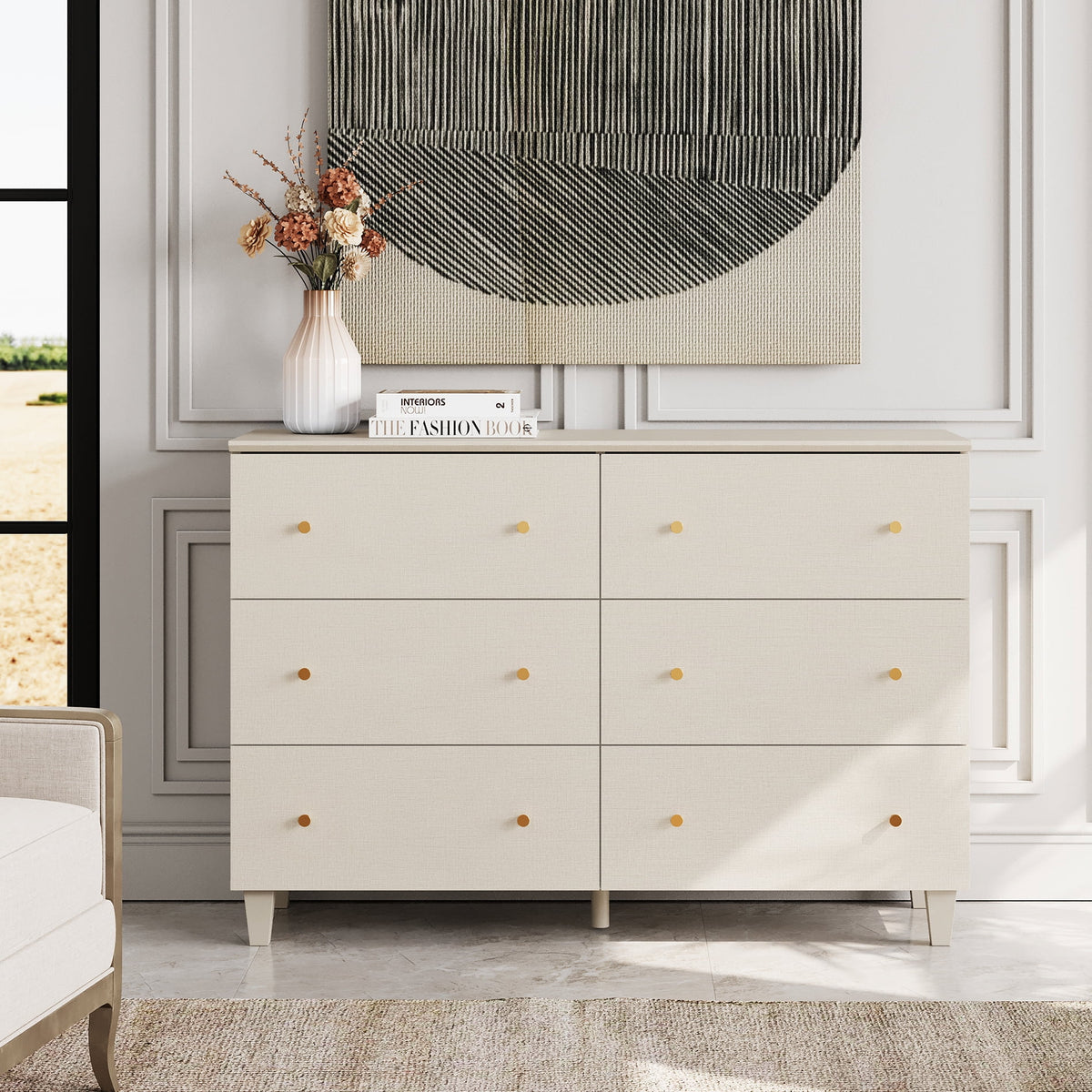 Beige 6 Drawer Wood Dresser V2814
