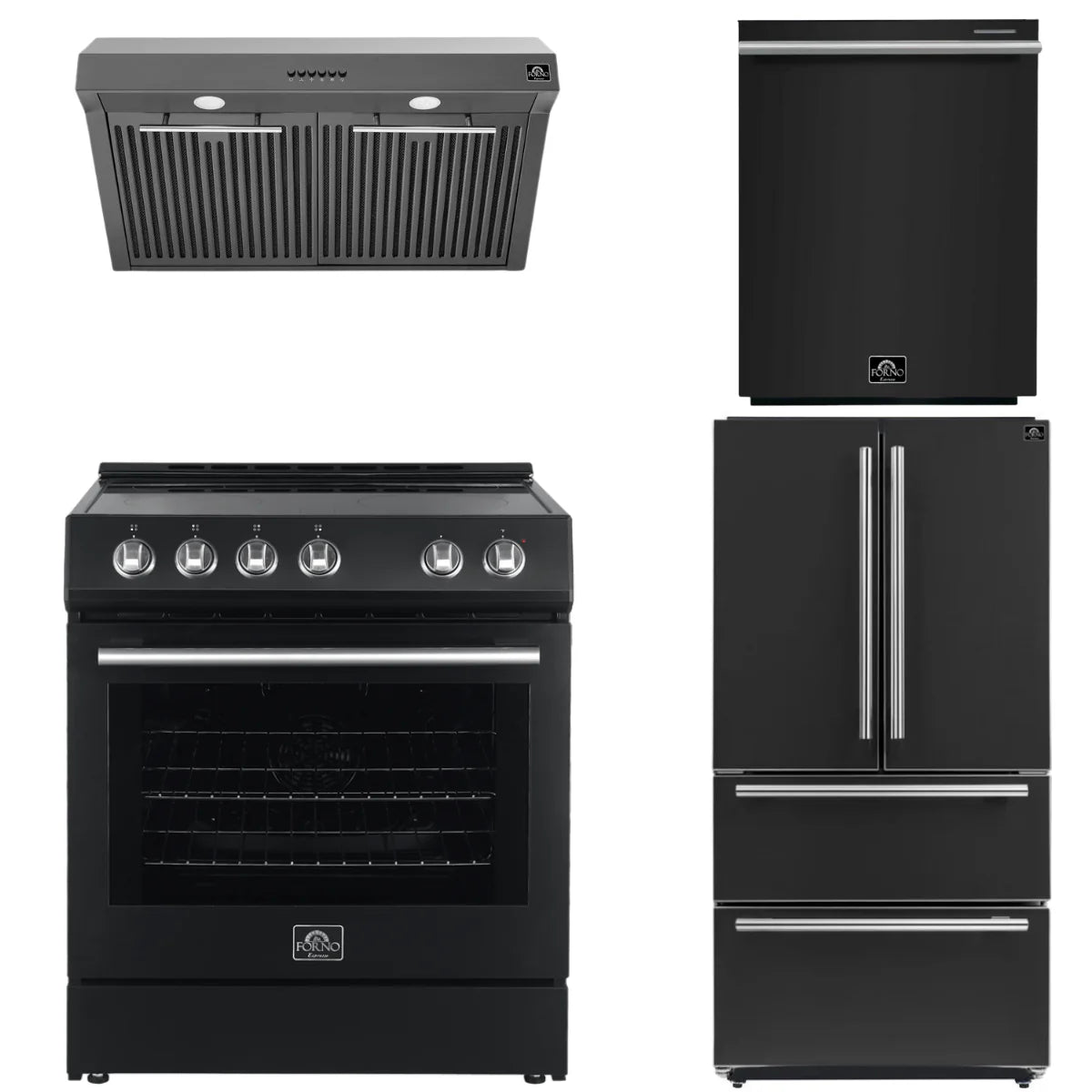 30 Electric Range, Range Hood, Refrigerator and Dishwasher in Black H90747