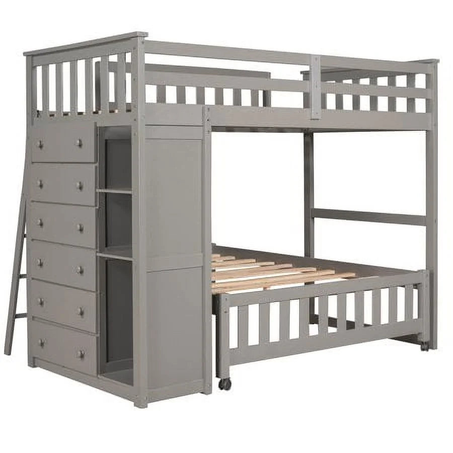 Twin Over Full Wooden Bunk Bed with 6 Storage Drawers and 3 Shelves, Gray I2341