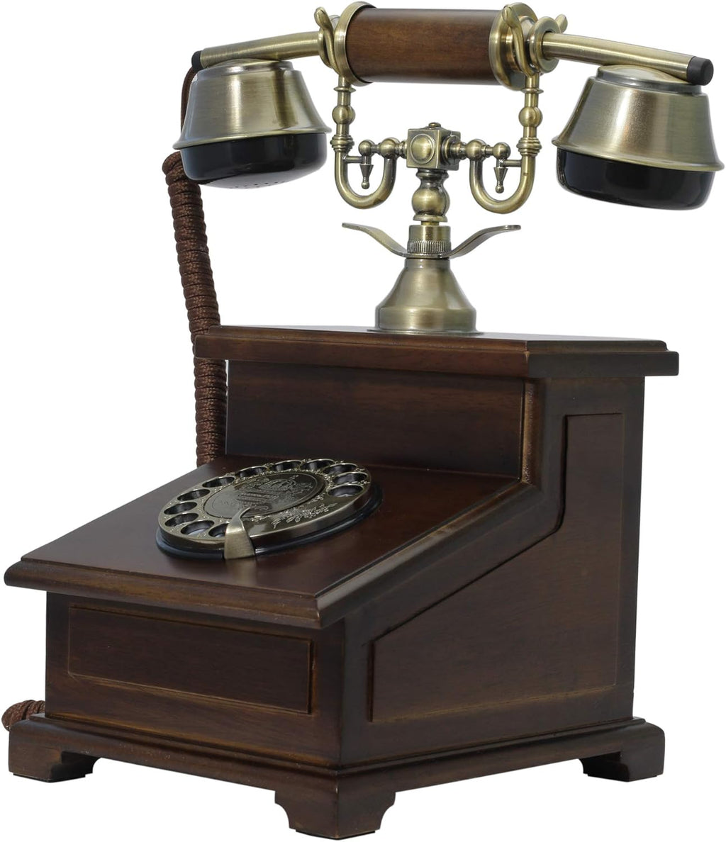 Real Wood Retro Telephone with Vintage Rotary Dial and Metal Bell G1750