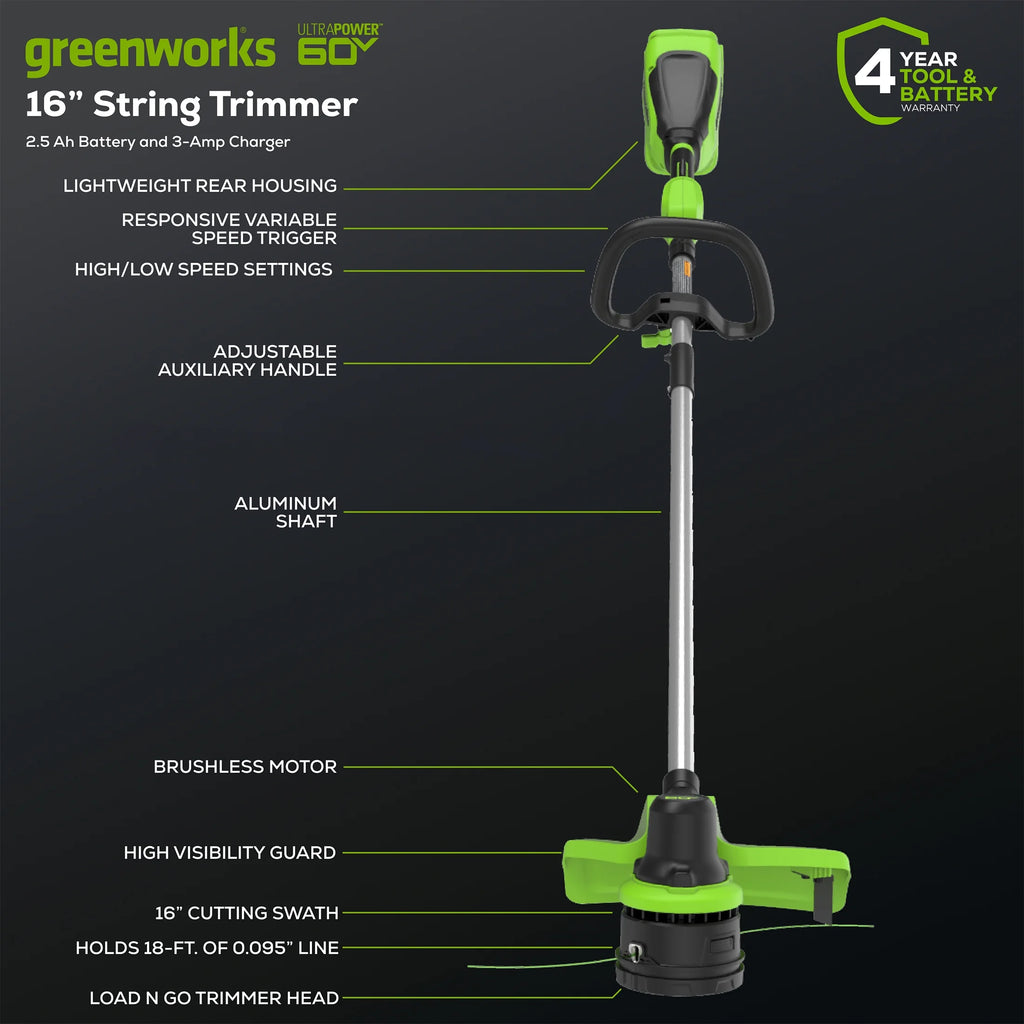 60V 16 String Trimmer & 630 CFM 170 MPH Blower Combo Kit with 2.5Ah Battery & 3 Amp Charger T5015