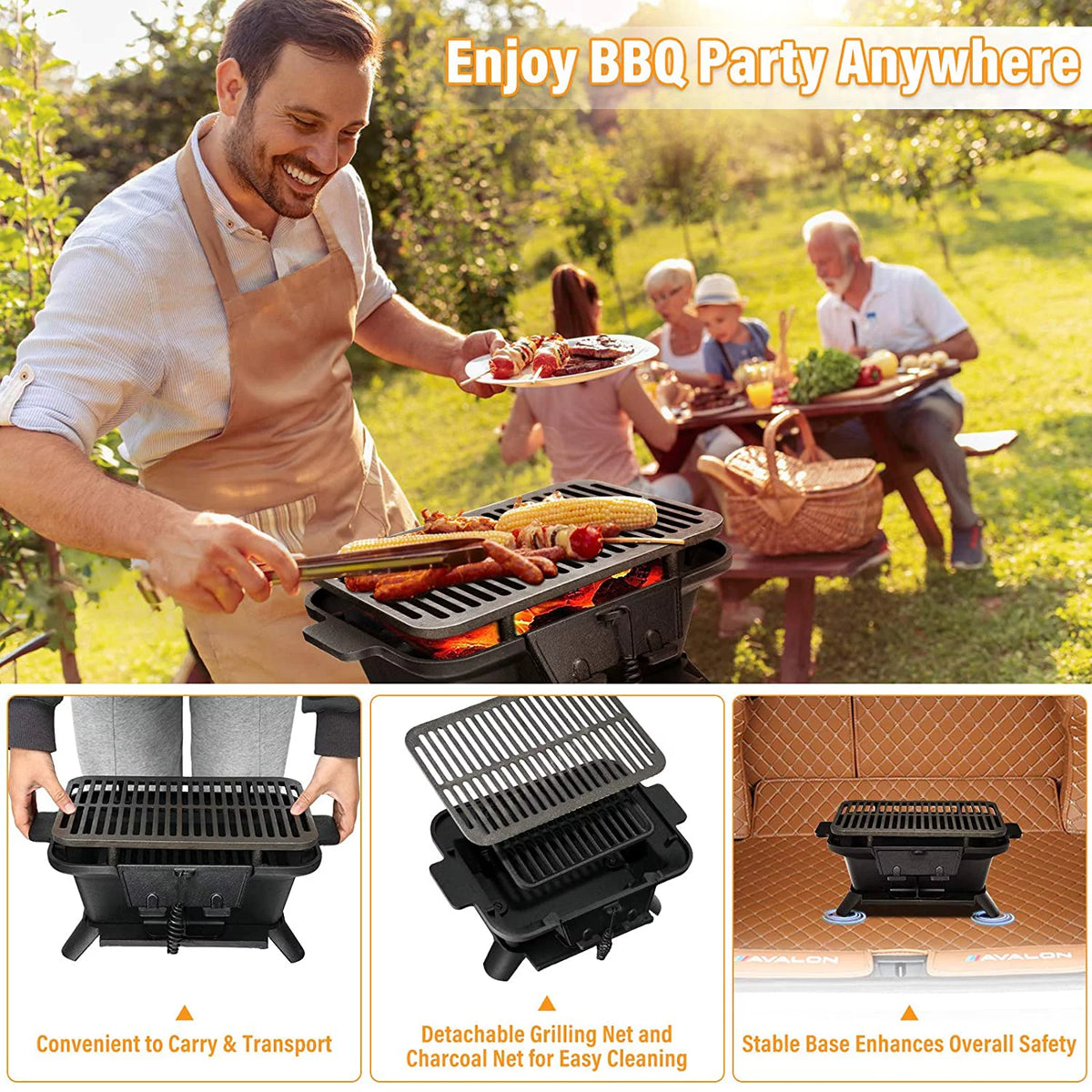 Charcoal Grill, Portable BBQ Grill with Double-sided Grilling Net I48540