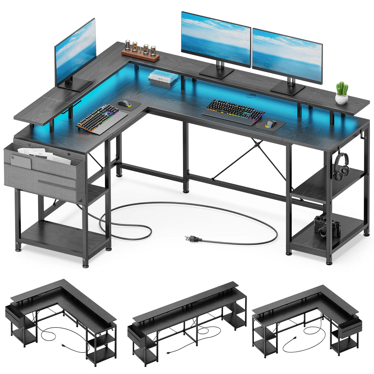 95” L-Shaped Computer Desk with LED Light and Power Outlet, Black F66282