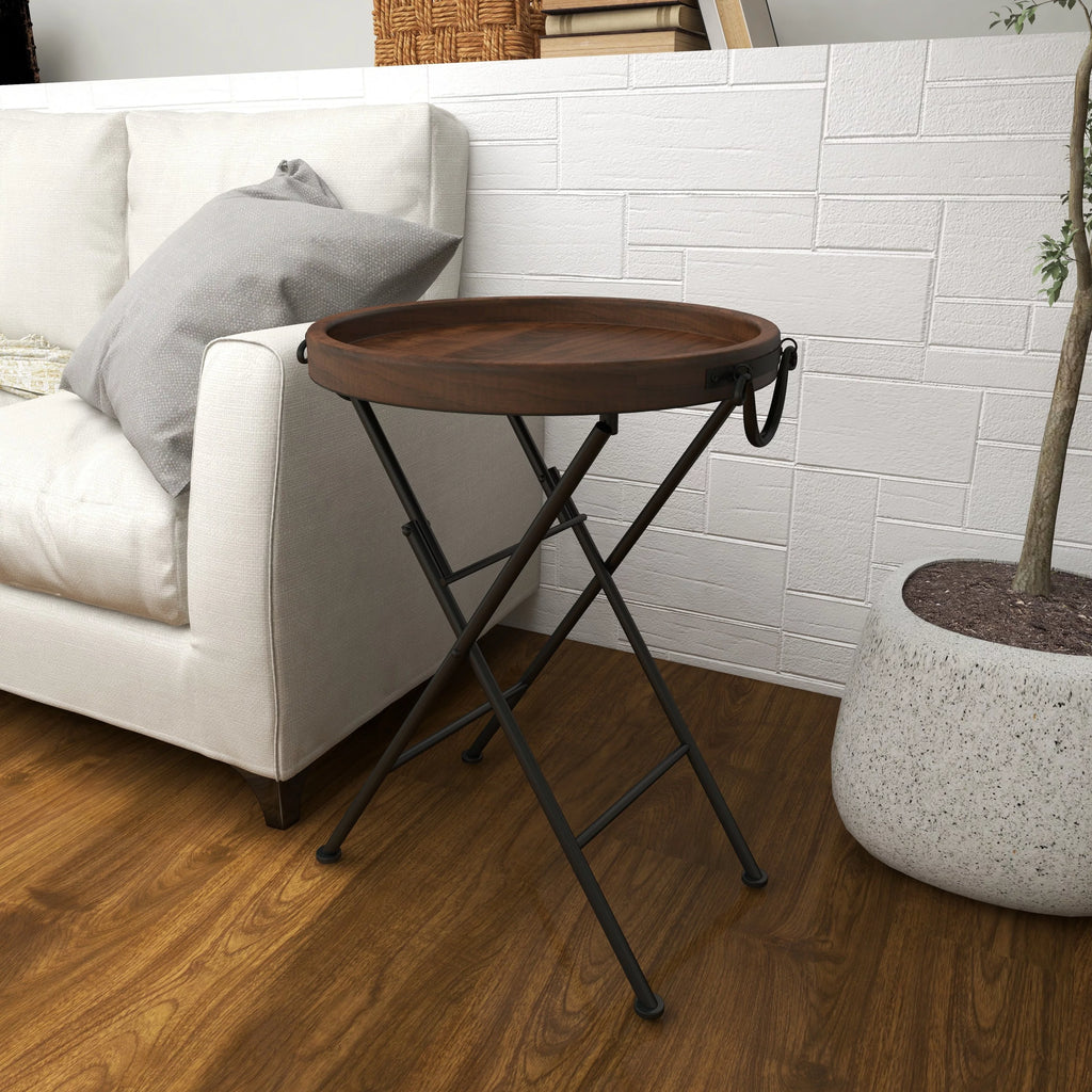 20" x 28" Black Metal Accent Table with Brown Wood Top U977