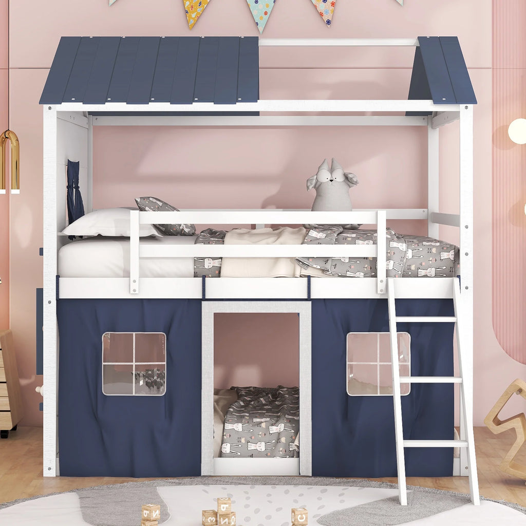 Full Size Bunk Wood House Bed with Tent W3053