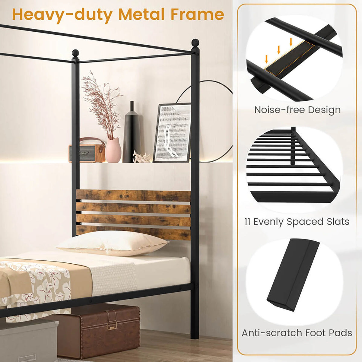 Queen Size 4-Post Canopy Metal Bed Frame Y87083
