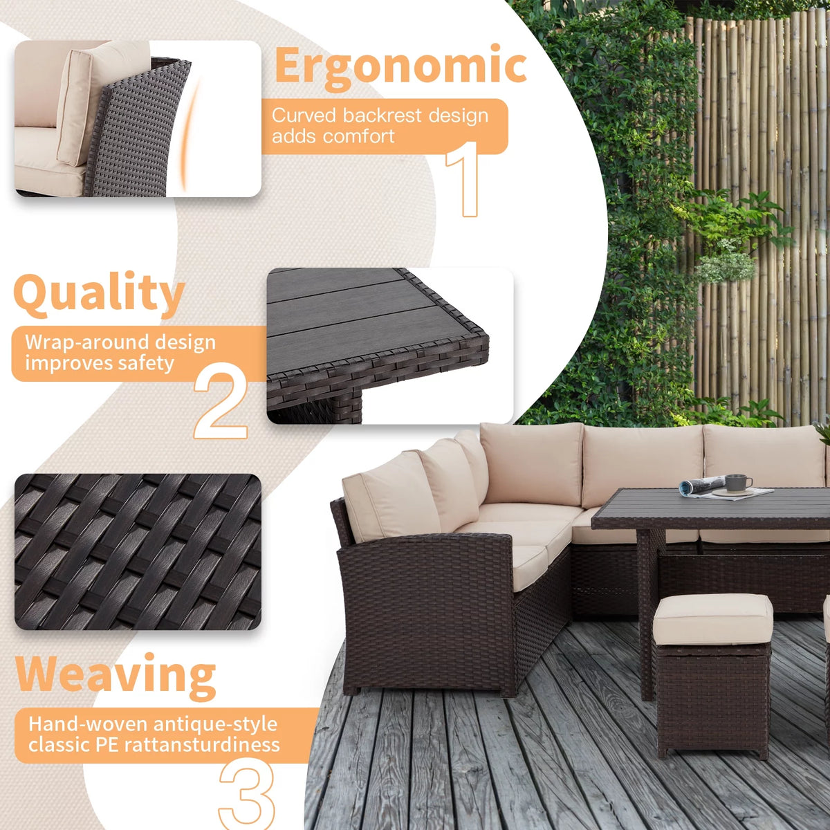 7-Piece Beige Rattan Wicker Sectional Sofa Set K35636