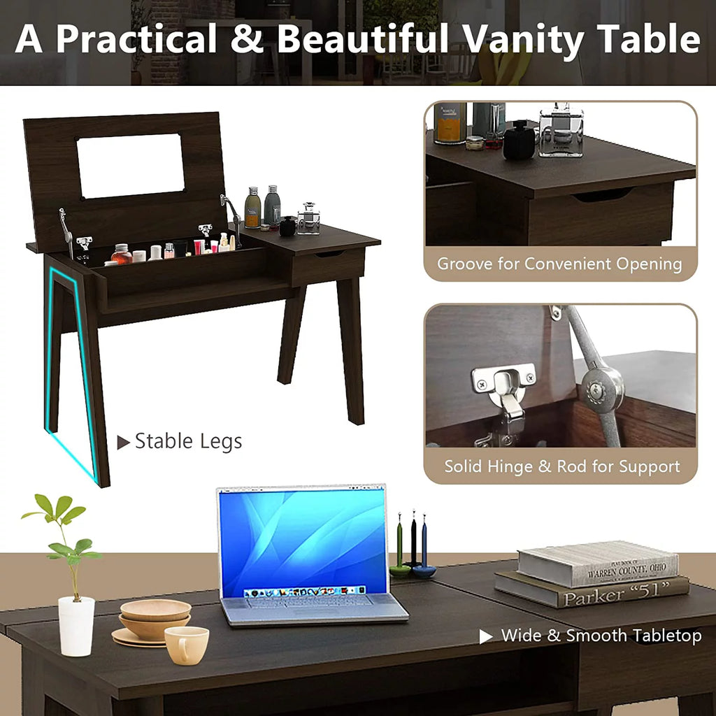 Espresso Wood Vanity Table with Flip Top Mirror M3809