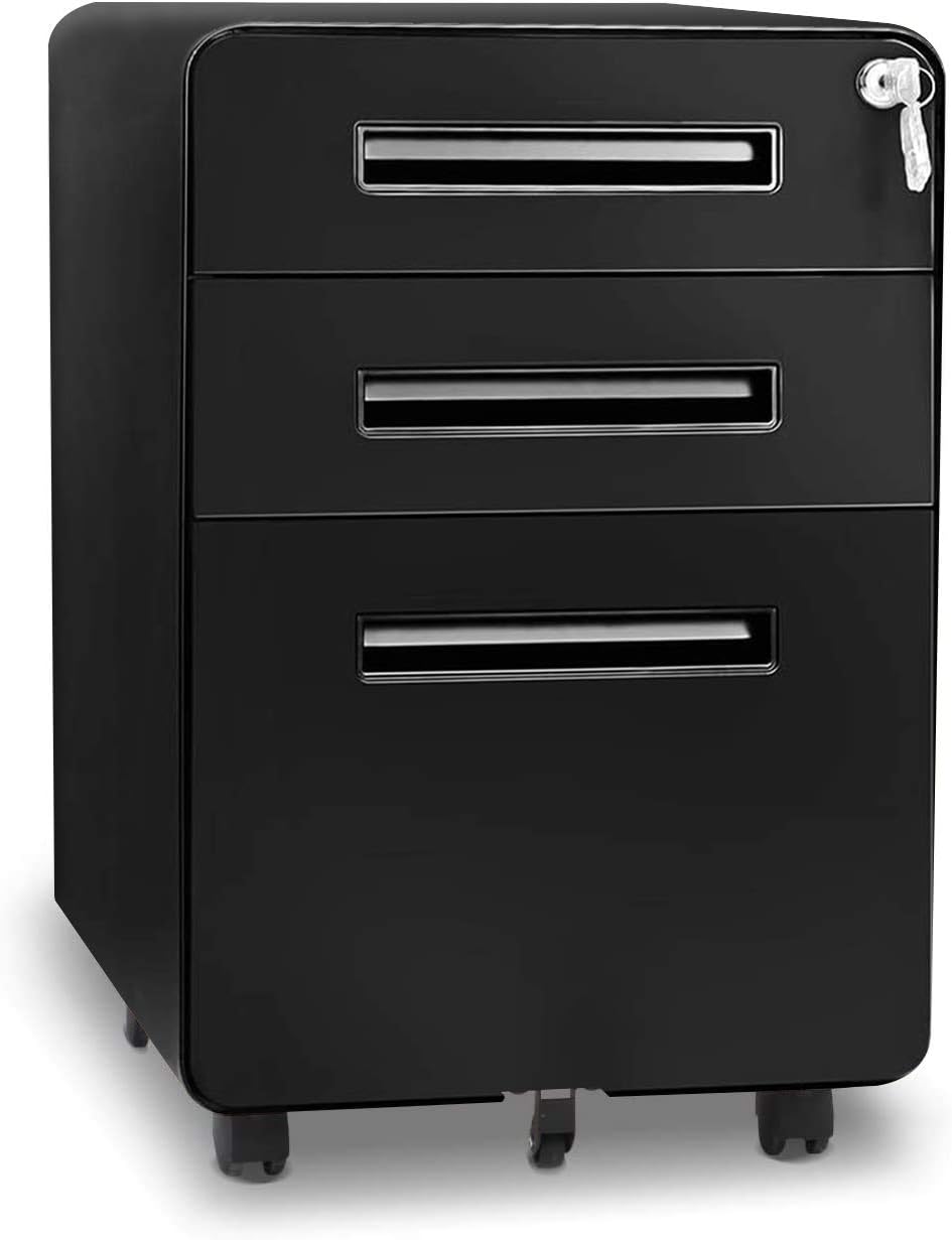 Black 3 Drawer Metal File Cabinet with Wheels P310