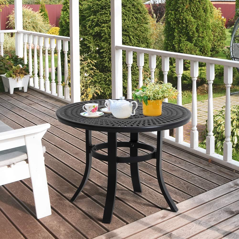 Cast Aluminum Round Side Table with Umbrella Hole, Black T572