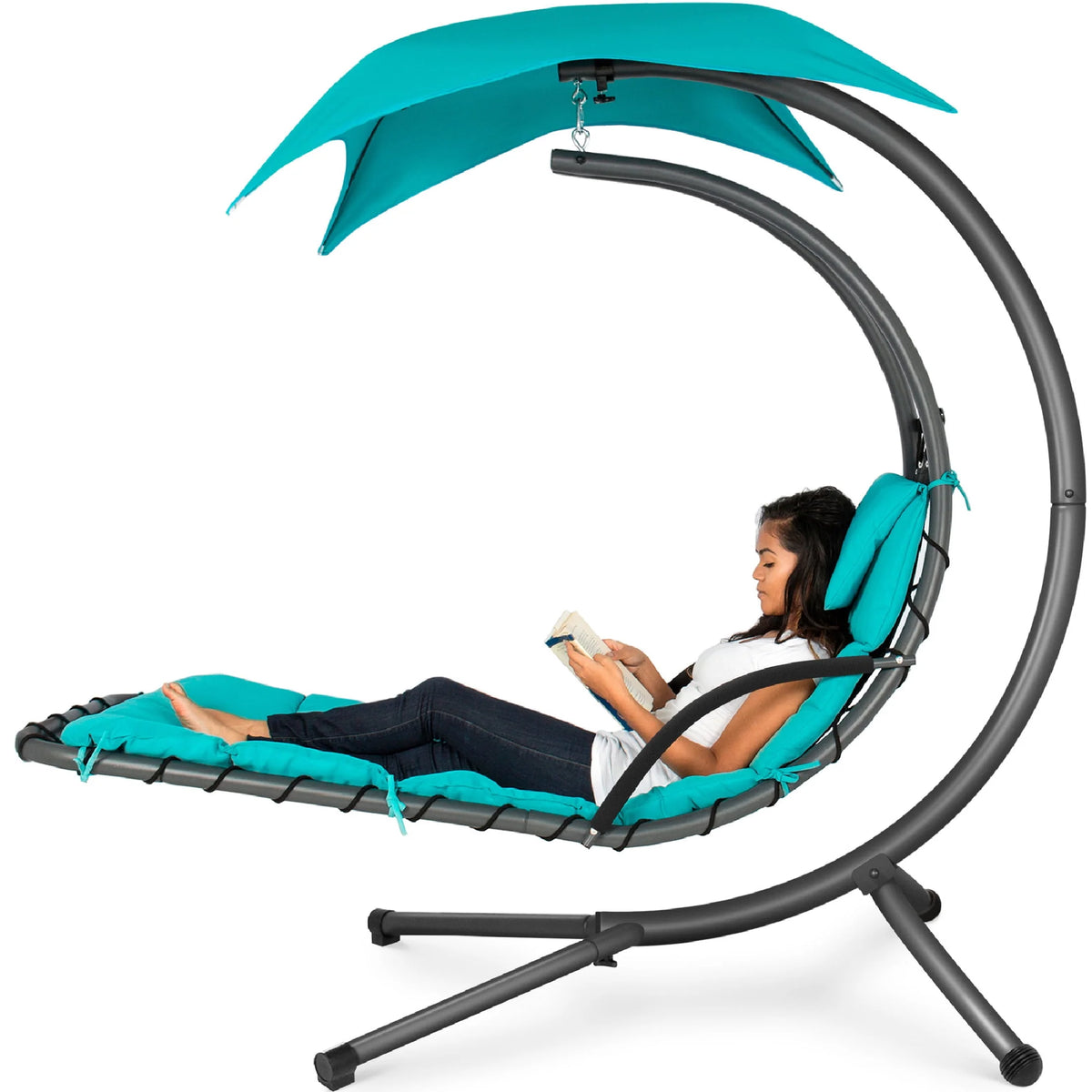 Hanging Curved Chaise Lounge Chair Swing with Pillow, Shade, Stand F928338