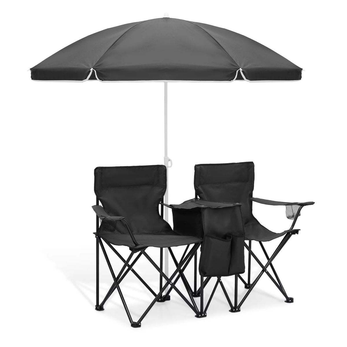 Portable Double Folding Chair with Umbrella, Cooler Bag & Carry Bag, Black H695