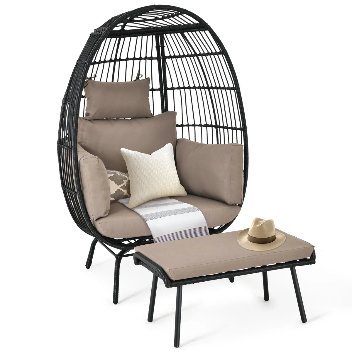 Wicker Egg Chair with Ottoman, Stand, Cushions S44733