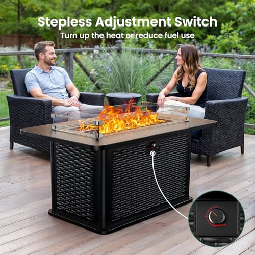 43-Inch Rectangular Propane Fire Pit Table with 60,000 BTU, Glass Stones, and Wind Guard, Black I9748