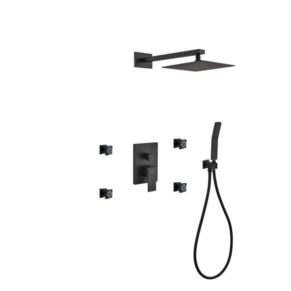 Matte Black Shower Set with 8" Square Rain Shower, 4 Body Jets and Handheld D779934