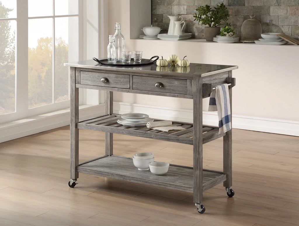 Wood Kitchen Cart with Stainless Steel Top R9353