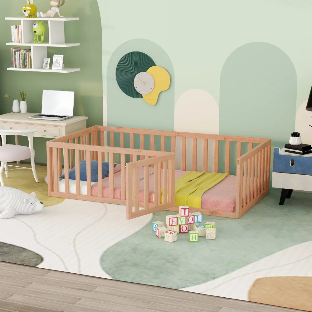 Queen Size Solid Wood Floor Bed Frame with Fence Rail and Door G709