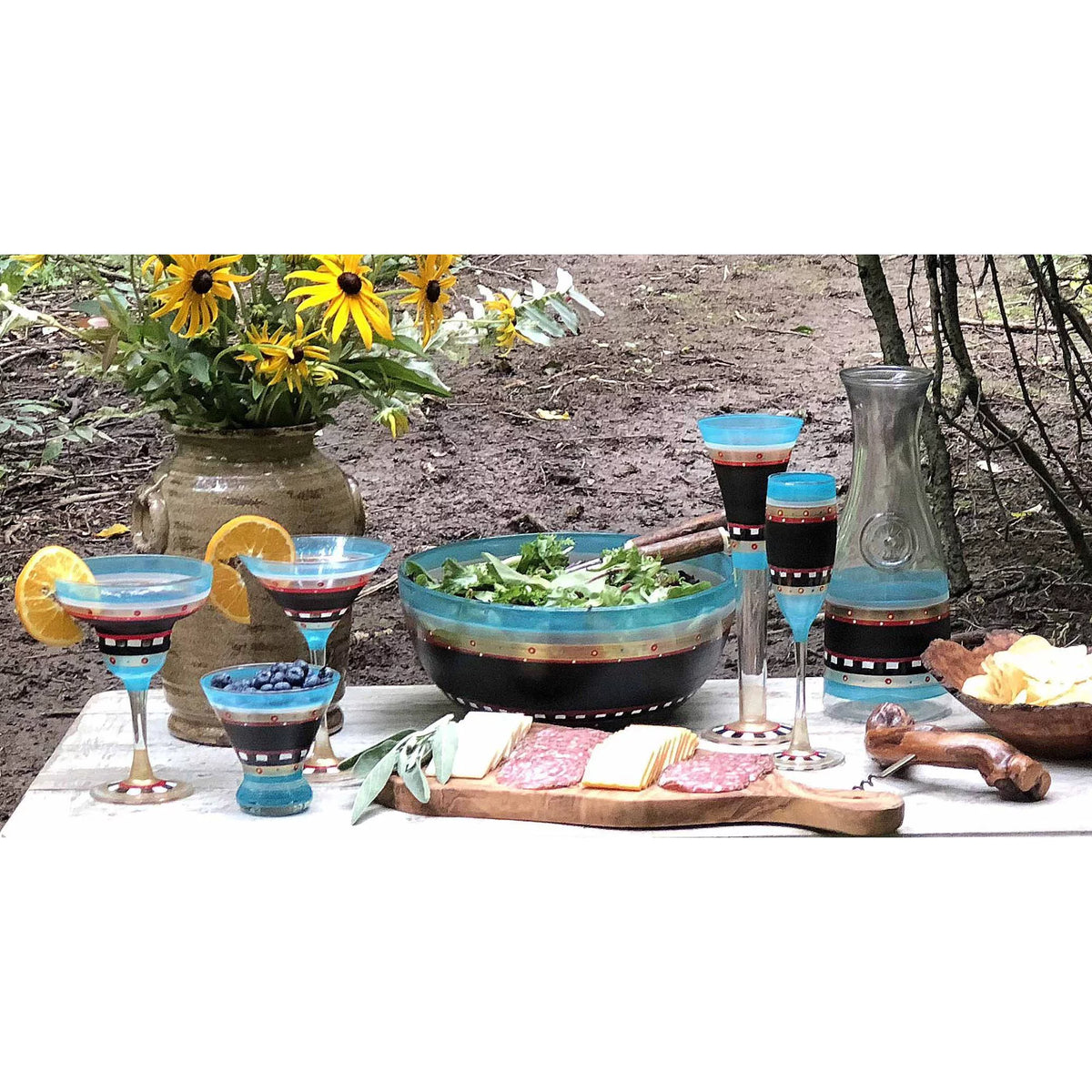 Set of 2 Blue Mosaic Hand Painted Martini Drinking Glasses B161