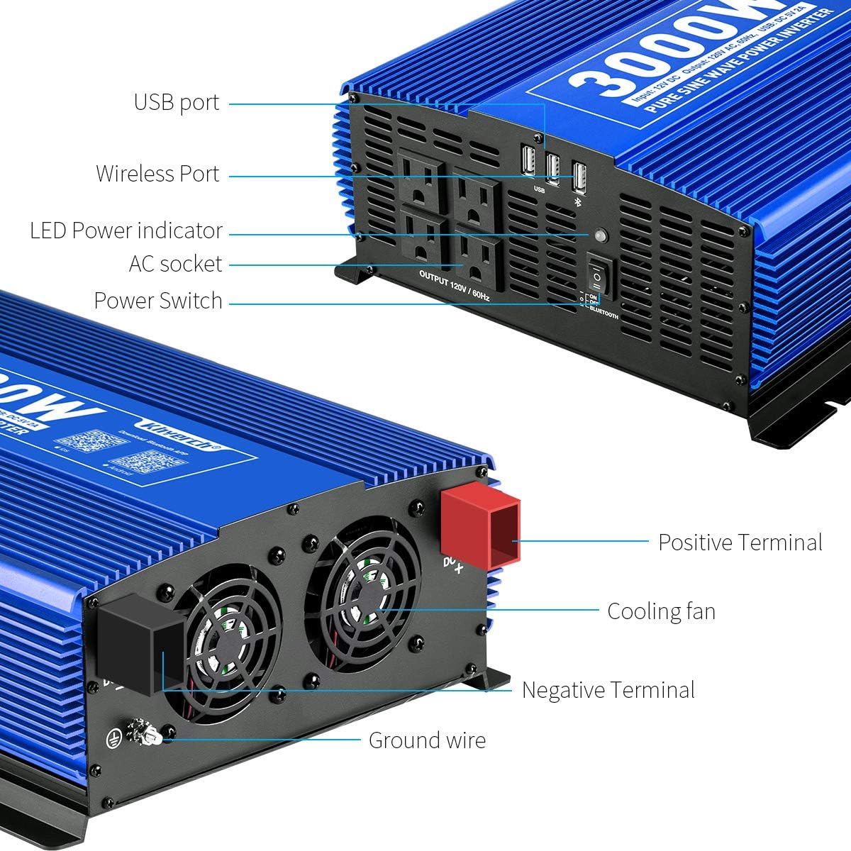 1000W Pure Sine Wave Inverter 12V to 110V with Dual AC Outlets & USB Ports F72141