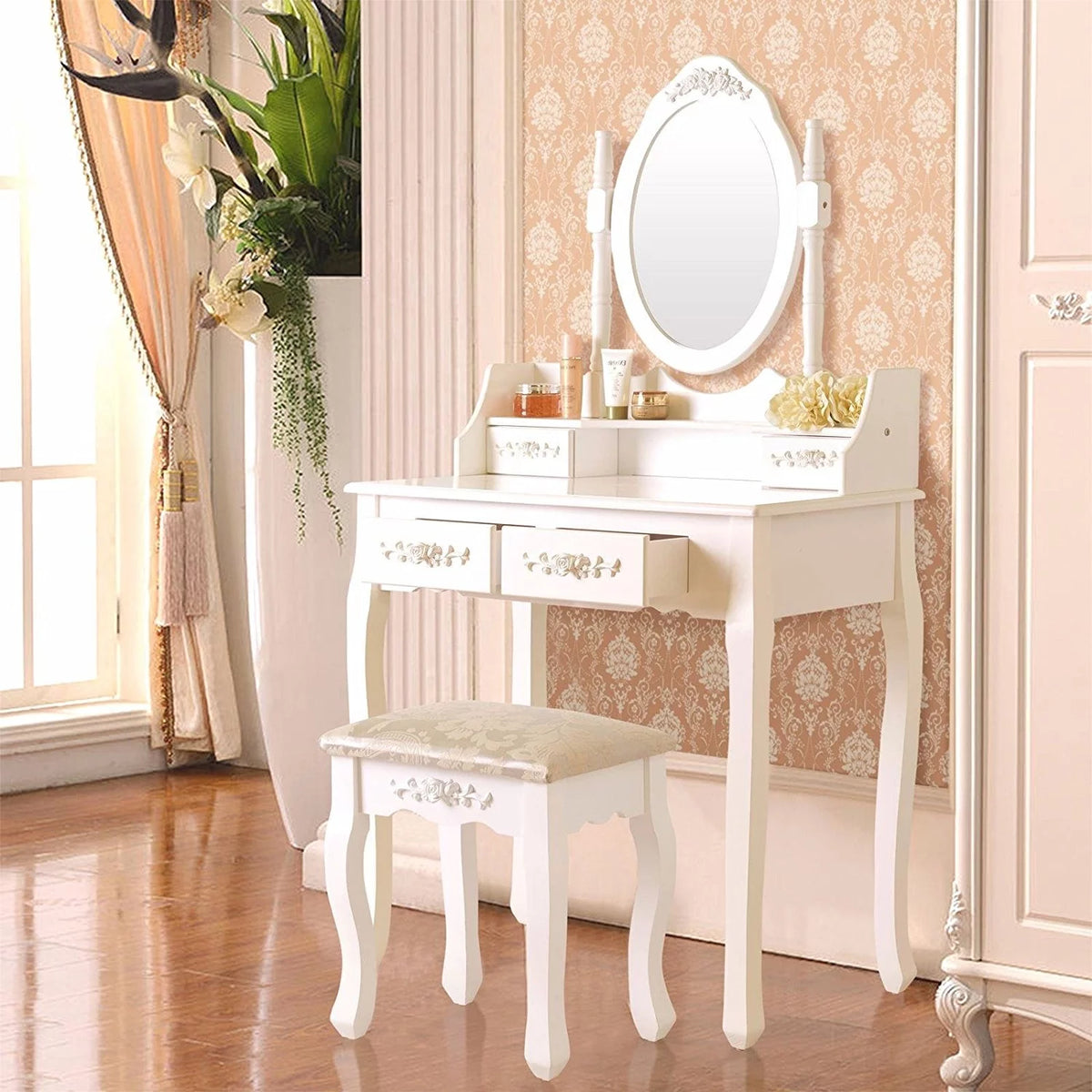 White Vanity Table and Stool Set with 4 Drawers & Mirror O759582