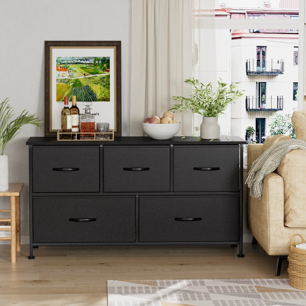 Black 5 Drawer Fabric Dresser H432
