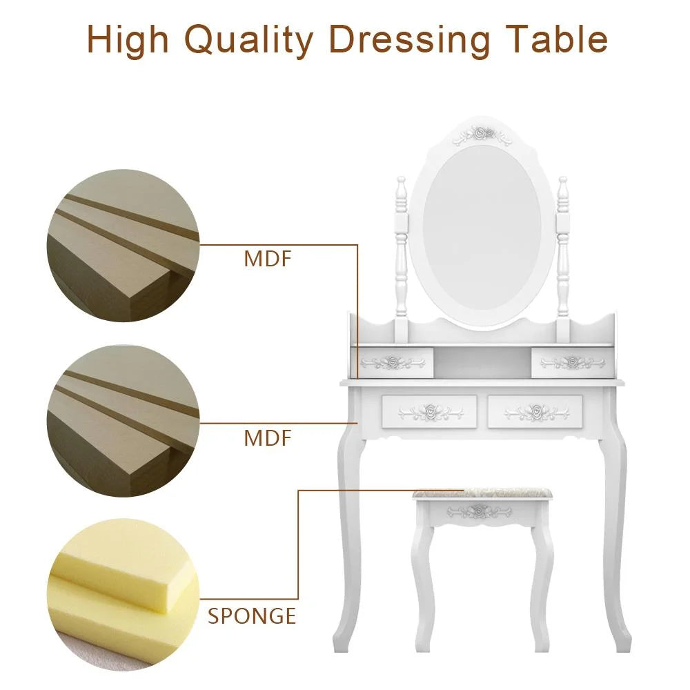 White Vanity Table and Stool Set with 4 Drawers & Mirror O759582