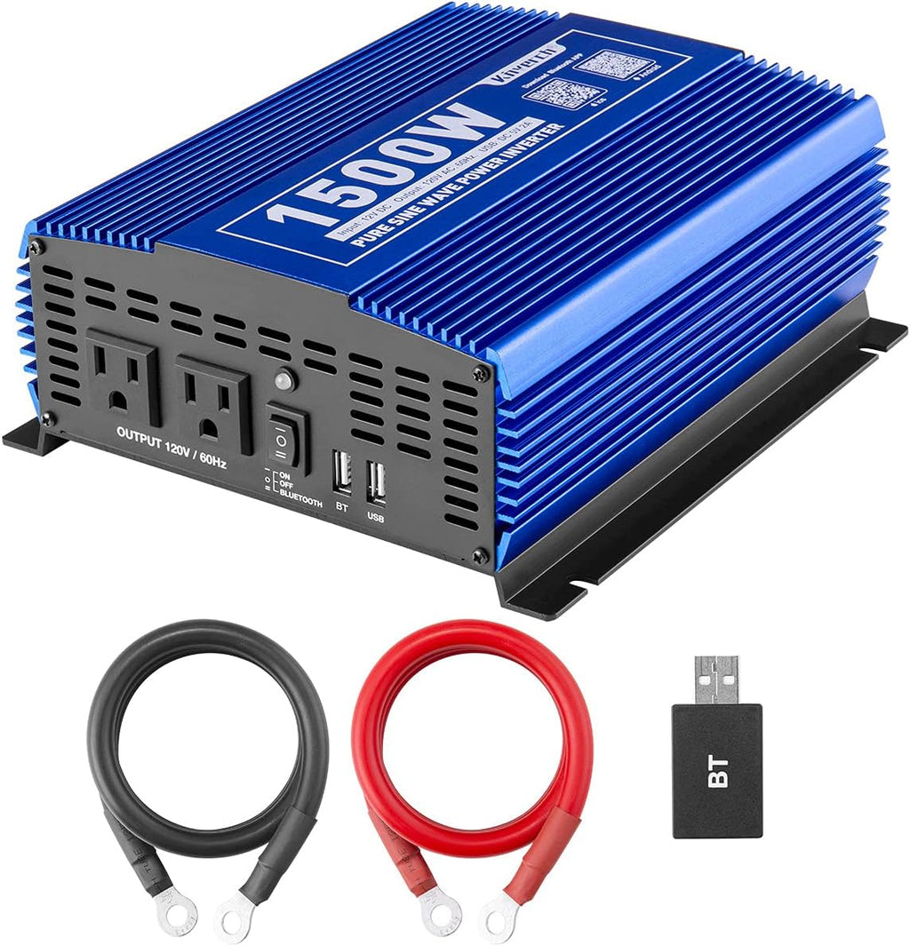 1500W Pure Sine Wave Power Inverter 12V DC to 110V AC with Bluetooth Q618566